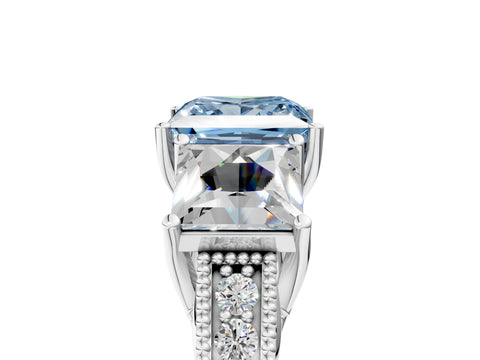 Platinum Three-Stone Fancy Blue Princess Cut Cut Milgrain Pavé Engagement Ring_29