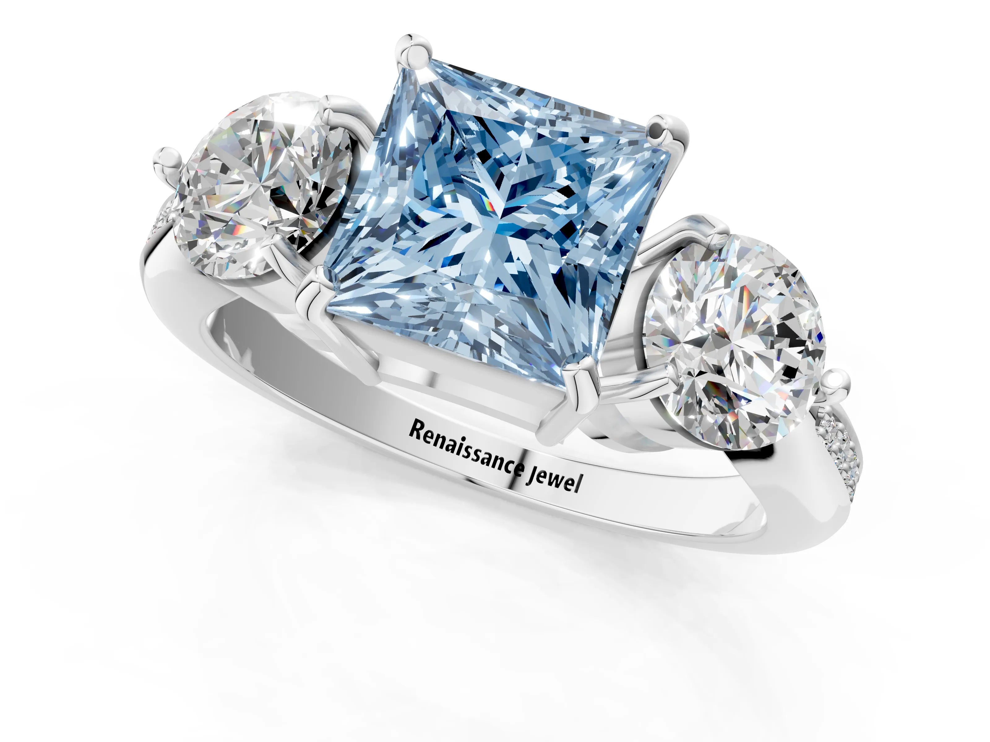 Platinum Three-Stone Fancy Blue Princess Cut Diamond Channel Set Engagement Ring with Prong Setting_25