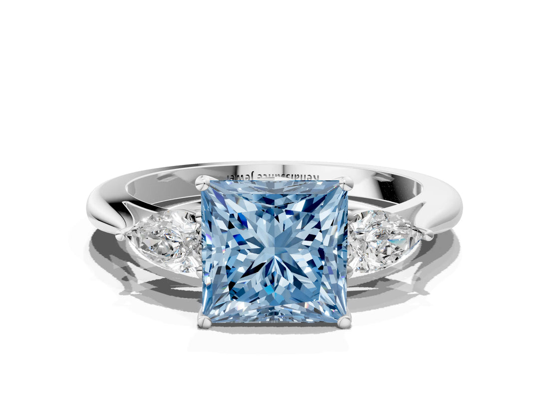 Platinum Three-Stone Fancy Blue Princess Cut Diamond Ring with Pear  Side Stones in Four-Prong Setting_12