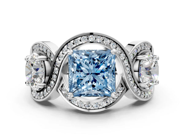 Platinum Three-Stone Fancy Blue Princess Cut Diamond Wave Pave Band with Prong Setting
