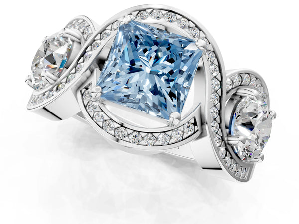 Platinum Three-Stone Fancy Blue Princess Cut Diamond Wave Pave Band with Prong Setting