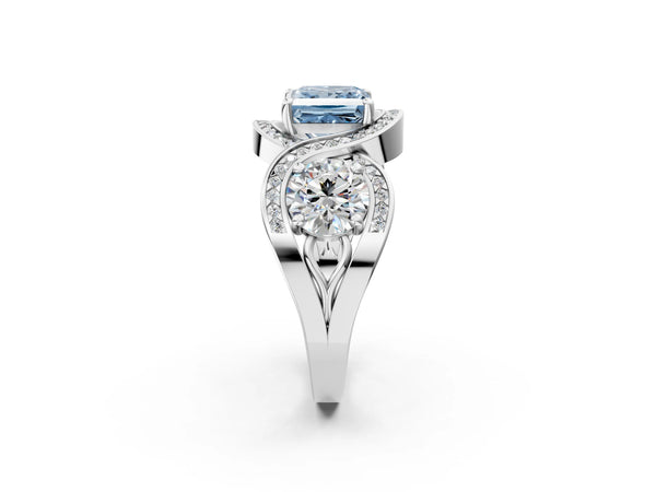 Platinum Three-Stone Fancy Blue Princess Cut Diamond Wave Pave Band with Prong Setting