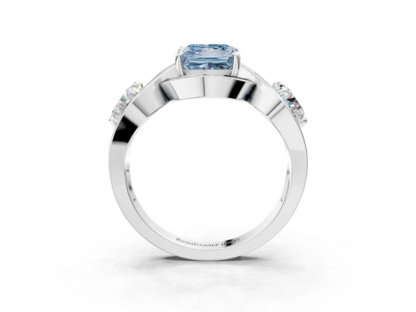 Platinum Three-Stone Fancy Blue Princess Cut Diamond Wave Pave Band with Prong Setting