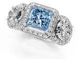 Platinum Three-Stone Fancy Blue Princess Cut Halo Diamond Milgrain Band with Four-Prong Setting_7