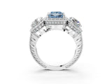 Platinum Three-Stone Fancy Blue Princess Cut Halo Diamond Milgrain Band with Four-Prong Setting_9