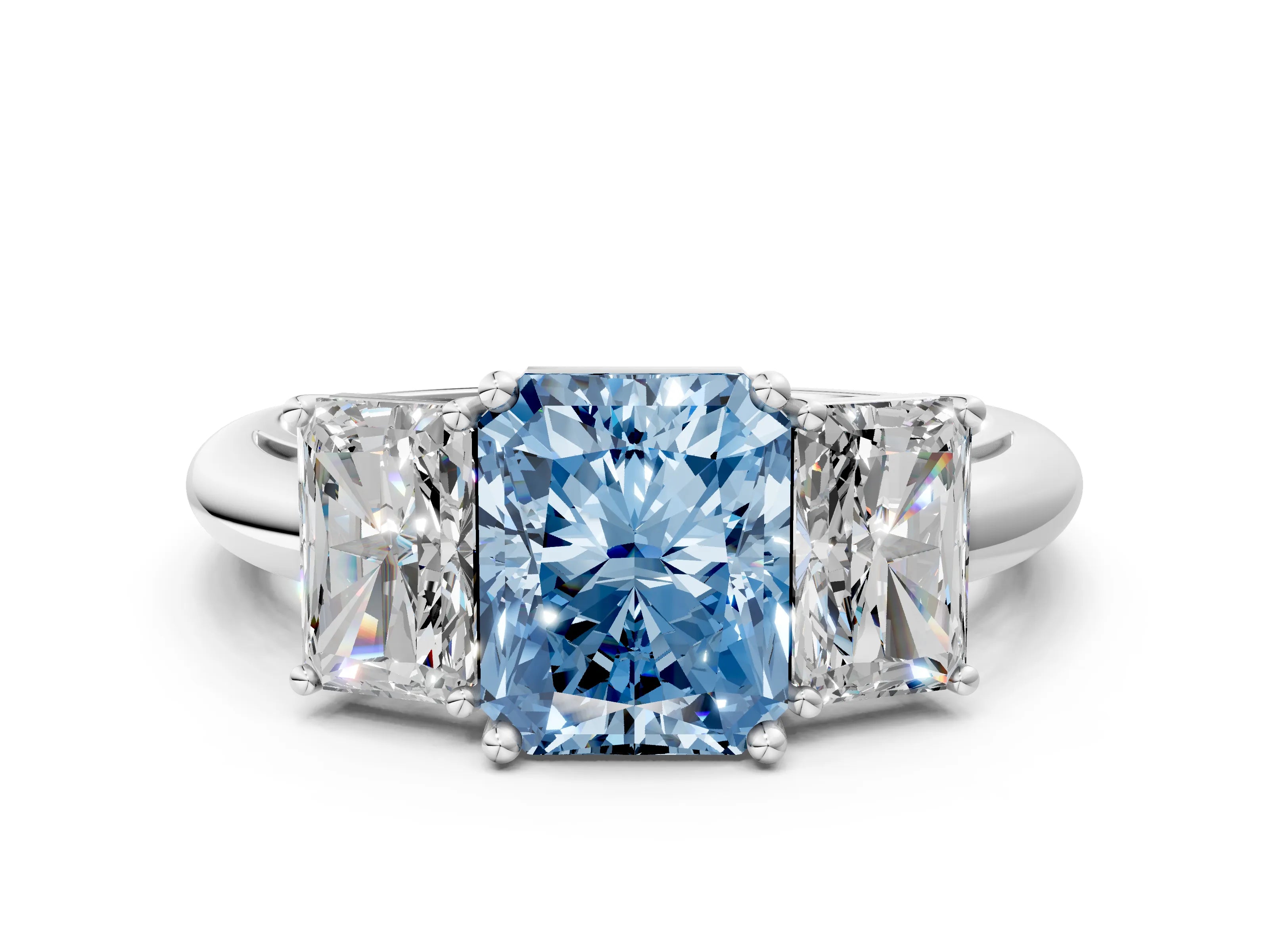 Platinum Three-Stone Fancy Blue Radiant Cut Cut Diamond Engagement Ring with Prong Setting on a White Gold Band_42