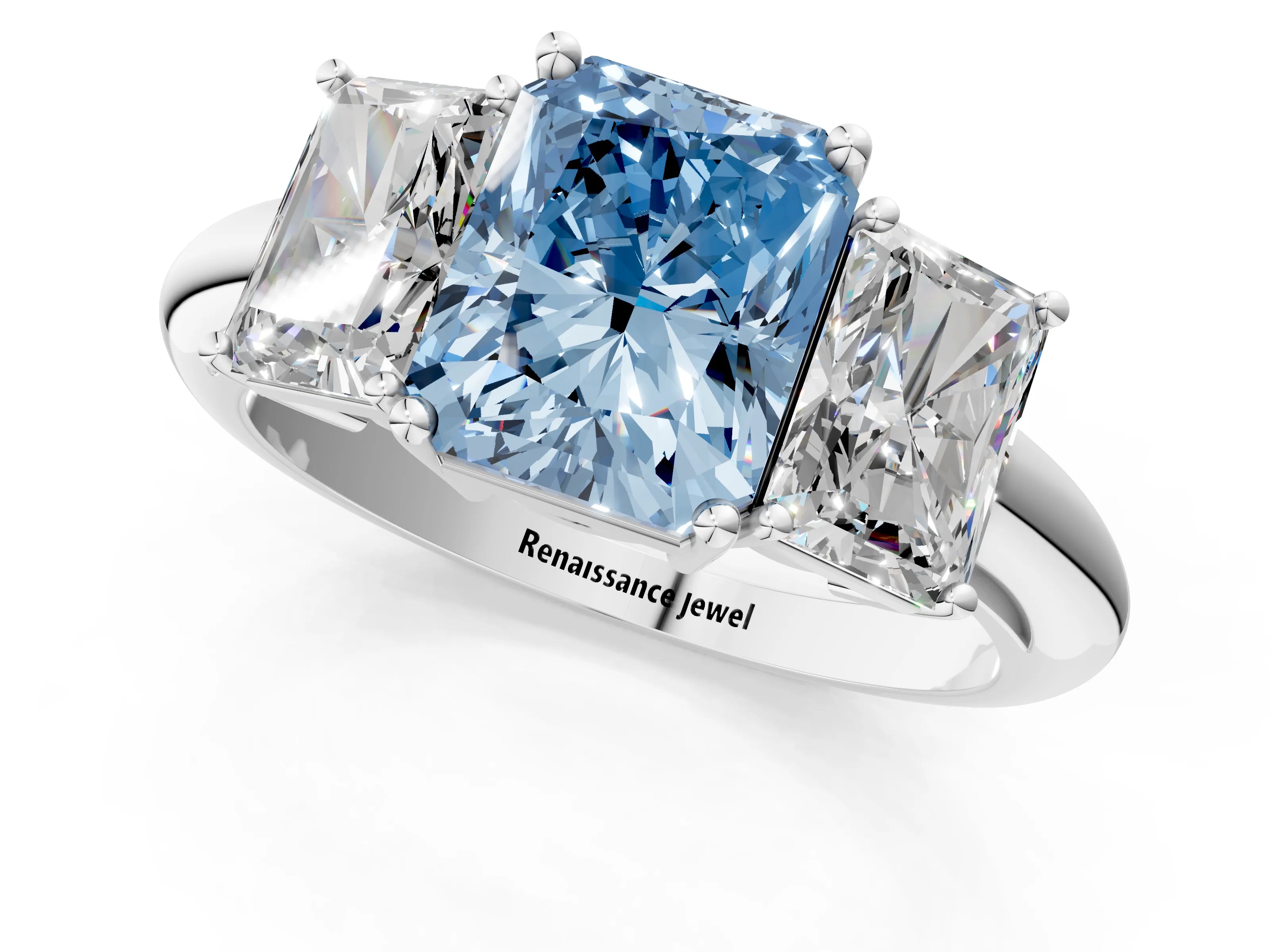 Platinum Three-Stone Fancy Blue Radiant Cut Cut Diamond Engagement Ring with Prong Setting on a White Gold Band_43