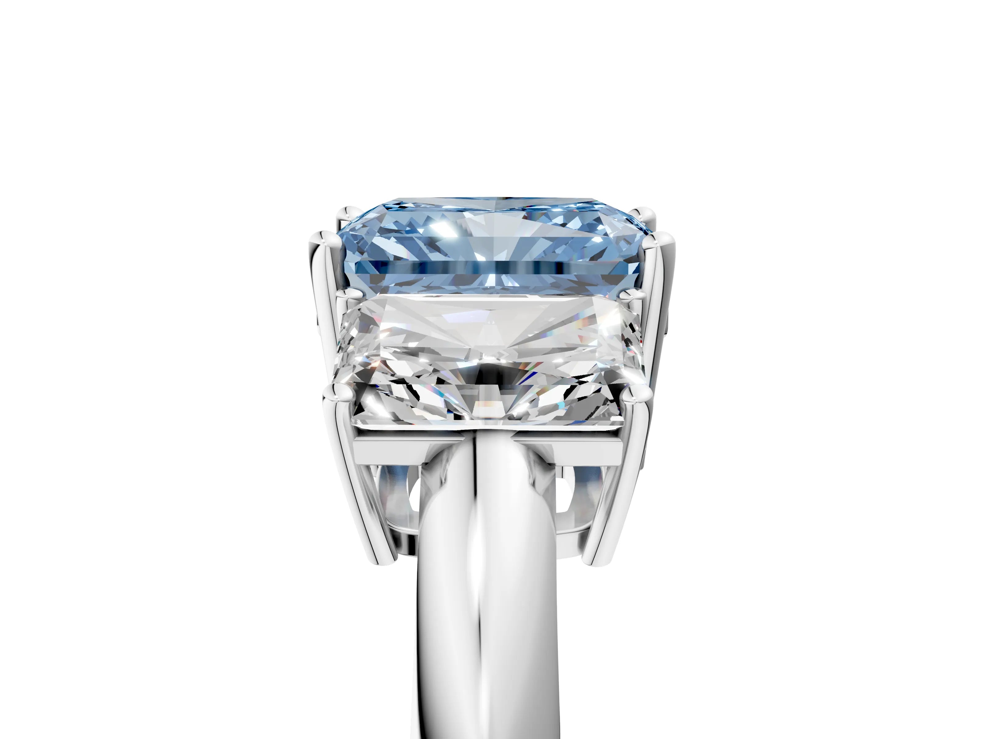 Platinum Three-Stone Fancy Blue Radiant Cut Cut Diamond Engagement Ring with Prong Setting on a White Gold Band_47