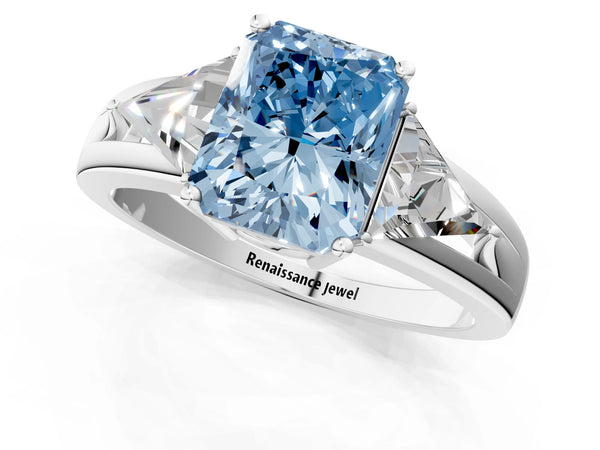 Platinum Radiant Cut Split Shank Three Stone Engagement Ring Setting for Fancy Blue Center