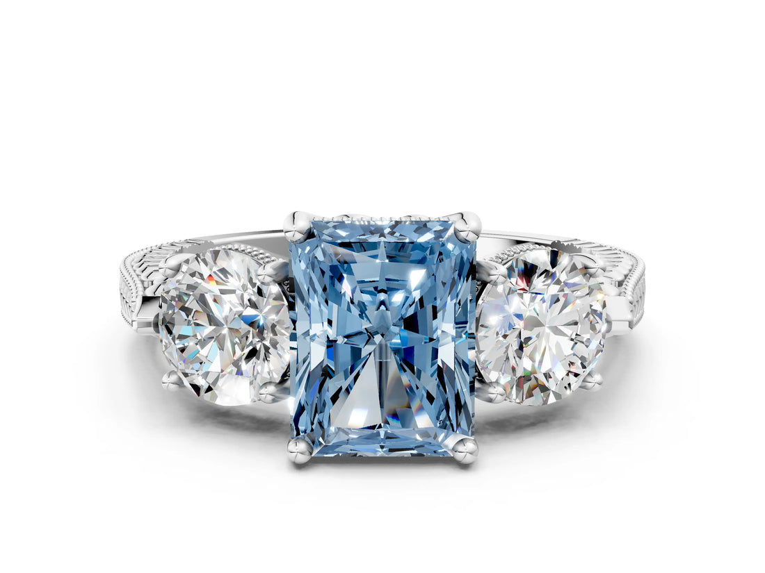 Platinum Three-Stone Fancy Blue Radiant Cut Cut Milgrain Band Prong Setting Ring_6