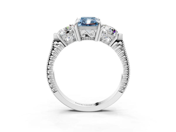 Platinum Radiant Cut Vintage Three Stone Engagement Ring Setting for Fancy Blue Center