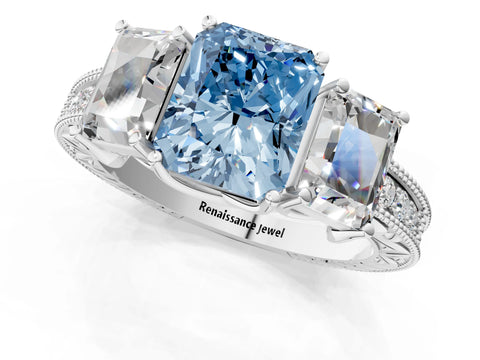 Platinum Three-Stone Fancy Blue Radiant Cut Cut Milgrain Pavé Engagement Ring_19