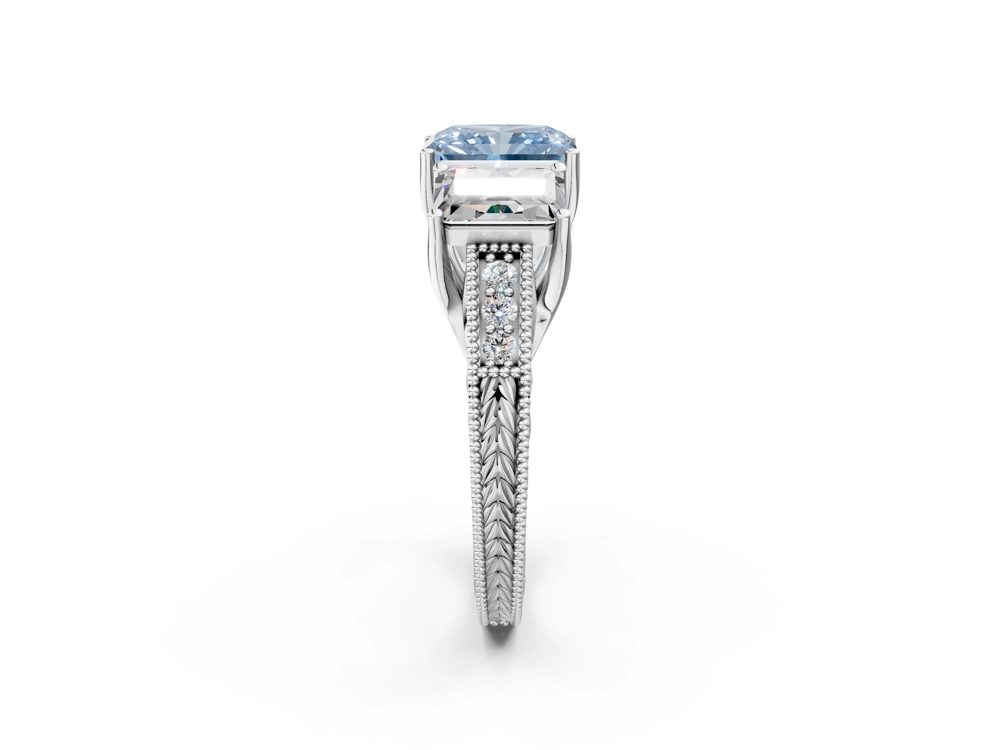 Platinum Three-Stone Fancy Blue Radiant Cut Cut Milgrain Pavé Engagement Ring_20