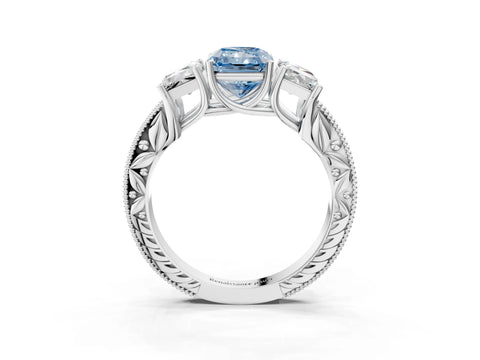 Platinum Three-Stone Fancy Blue Radiant Cut Cut Milgrain Pavé Engagement Ring_21