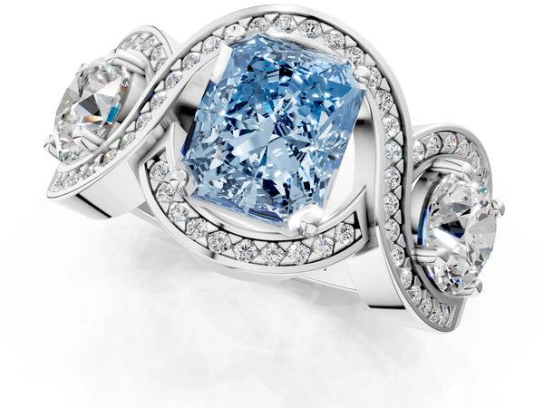 Platinum Three-Stone Fancy Blue Radiant Cut Diamond Wave Pave Band with Prong Setting