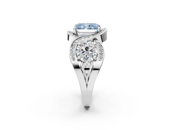 Platinum Three-Stone Fancy Blue Radiant Cut Diamond Wave Pave Band with Prong Setting