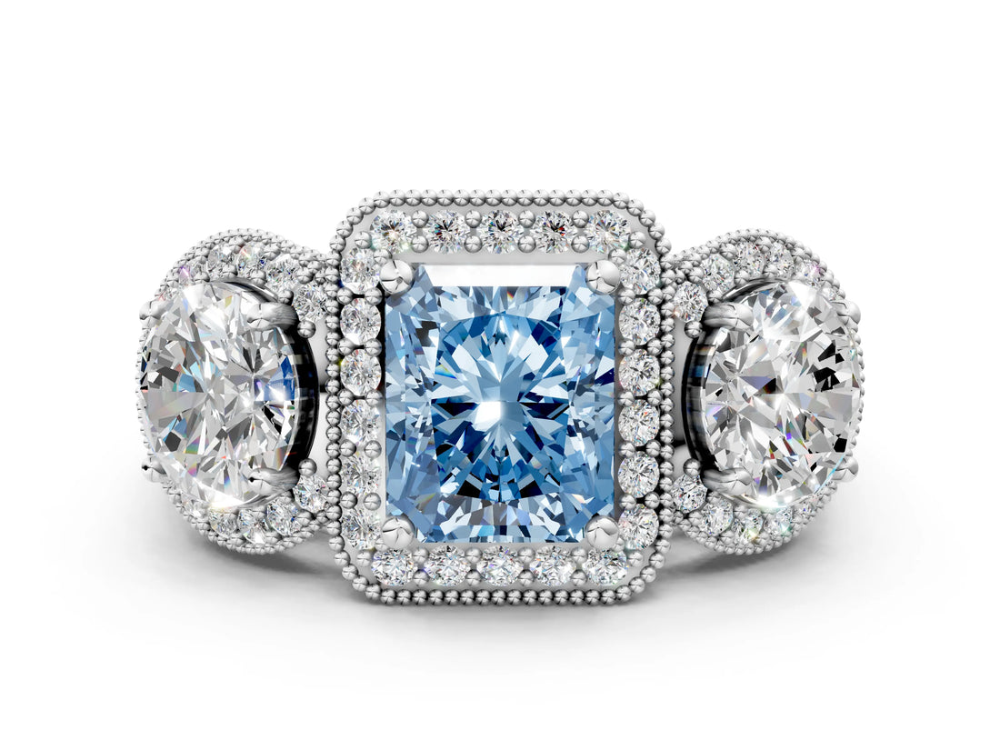 Platinum Three-Stone Fancy Blue Radiant Cut Halo Diamond Milgrain Band with Four-Prong Setting_6