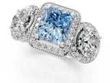 Platinum Three-Stone Fancy Blue Radiant Cut Halo Diamond Milgrain Band with Four-Prong Setting_7