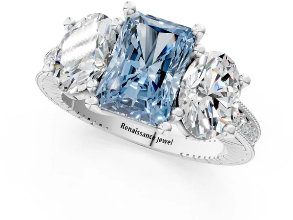 Platinum Three-Stone Fancy Blue Radiant  Diamond Milgrain Pave Band with Prong Setting
