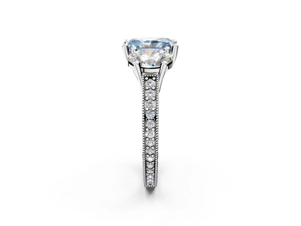 Platinum Three-Stone Fancy Blue Radiant  Diamond Milgrain Pave Band with Prong Setting