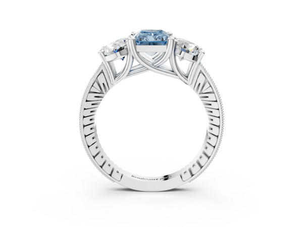 Platinum Three-Stone Fancy Blue Radiant  Diamond Milgrain Pave Band with Prong Setting