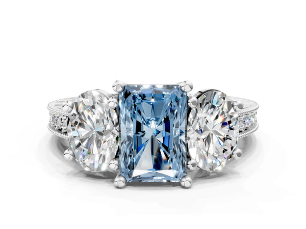Platinum Three-Stone Fancy Blue Radiant  Diamond Milgrain Pave Band with Prong Setting