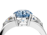 Platinum Three-Stone Fancy Blue Round Cut Cut Diamond Ring with Trillion Side Stones on a Split Shank Band_40