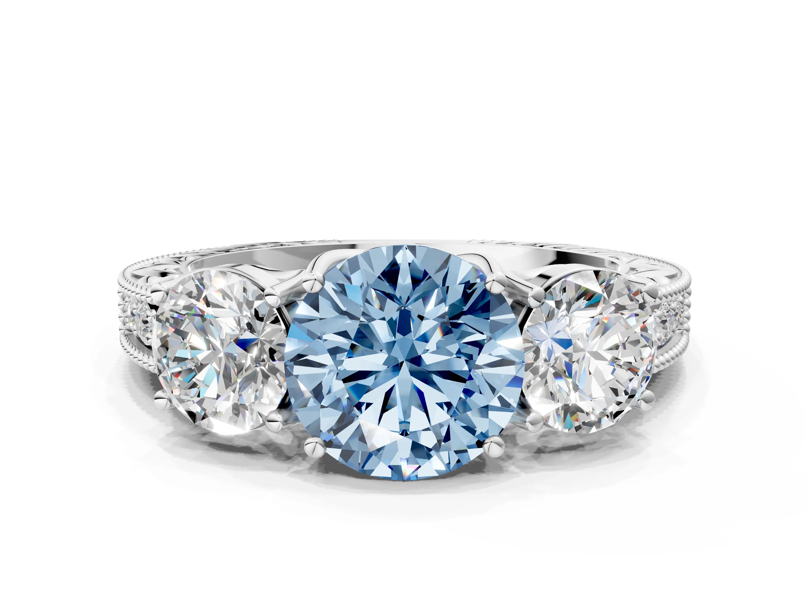 Platinum Three-Stone Fancy Blue Round Cut Cut Milgrain Pavé Engagement Ring_36