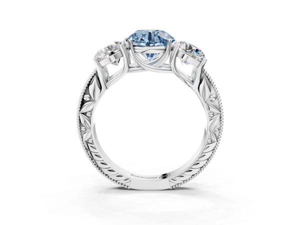 Platinum Round Engraved Three Stone Engagement Ring Setting for Fancy Blue Center