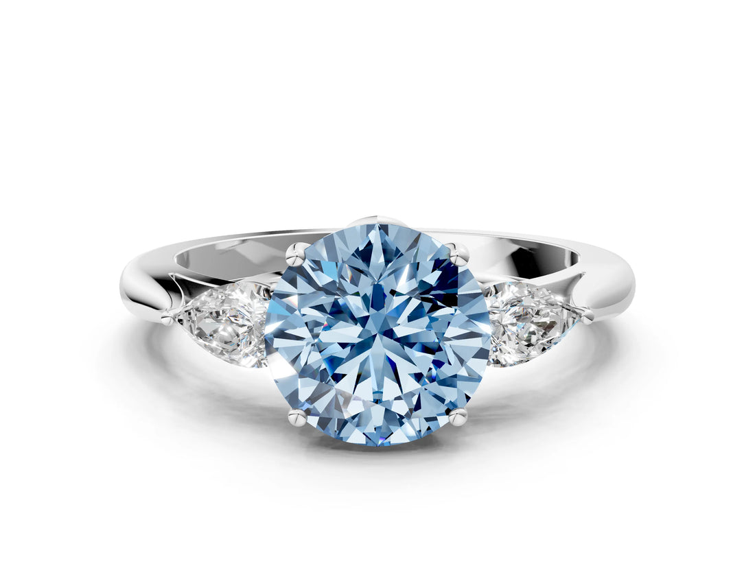 Platinum Three-Stone Fancy Blue Round Cut Diamond Ring with Pear  Side Stones in Four-Prong Setting_24