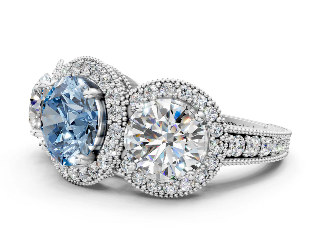 Platinum Three-Stone Fancy Blue Round Cut Halo Diamond Milgrain Band with Four-Prong Setting_12