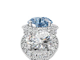 Platinum Three-Stone Fancy Blue Round Cut Halo Diamond Milgrain Band with Four-Prong Setting_17