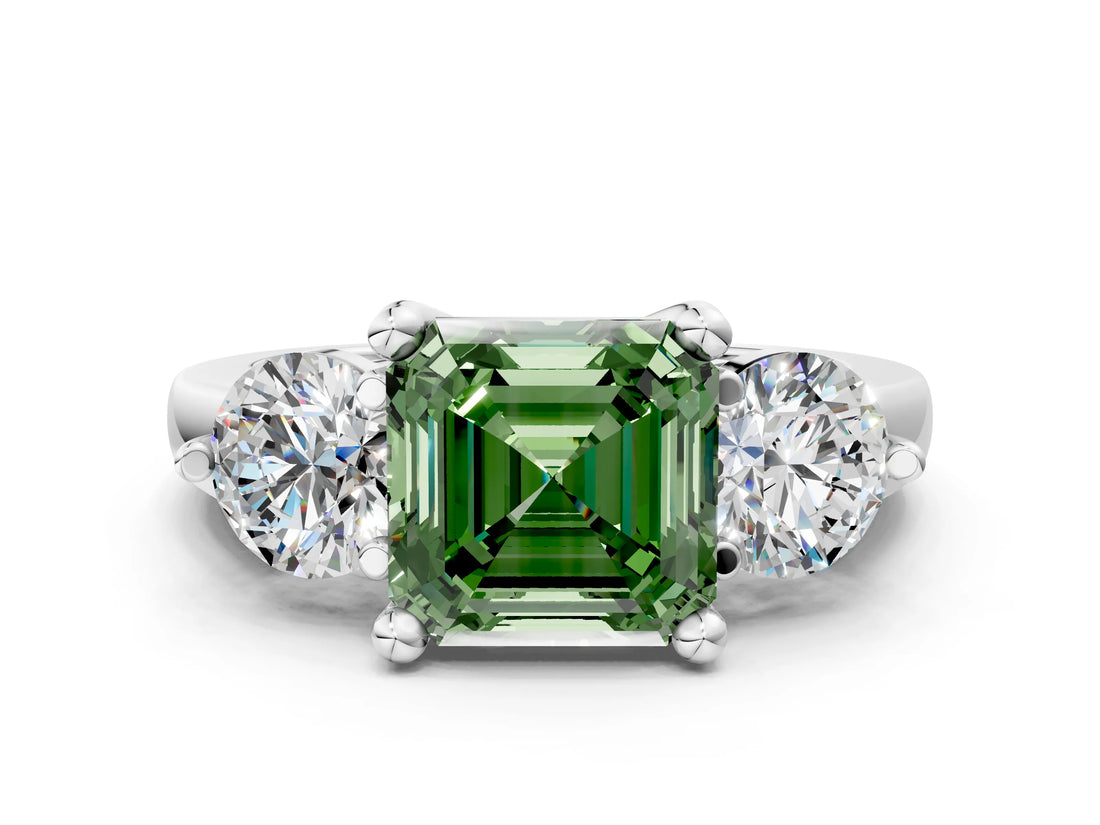 Platinum Three-Stone Fancy Green Asscher  Brilliant Cut Solitaire Ring with Prong Setting on a Classic Band