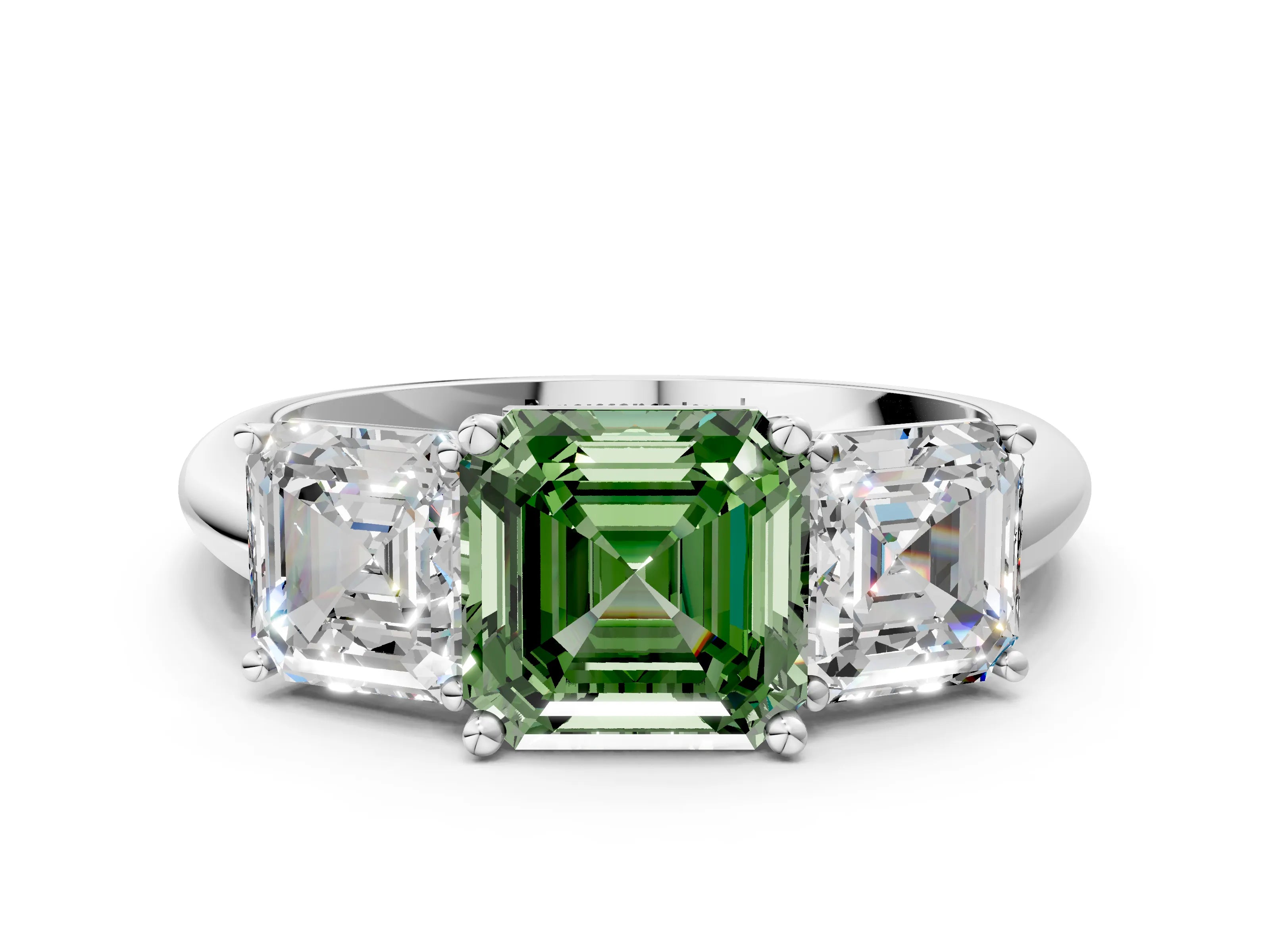 Platinum Three-Stone Fancy Green Asscher Cut Cut Diamond Engagement Ring with Prong Setting on a White Gold Band_48