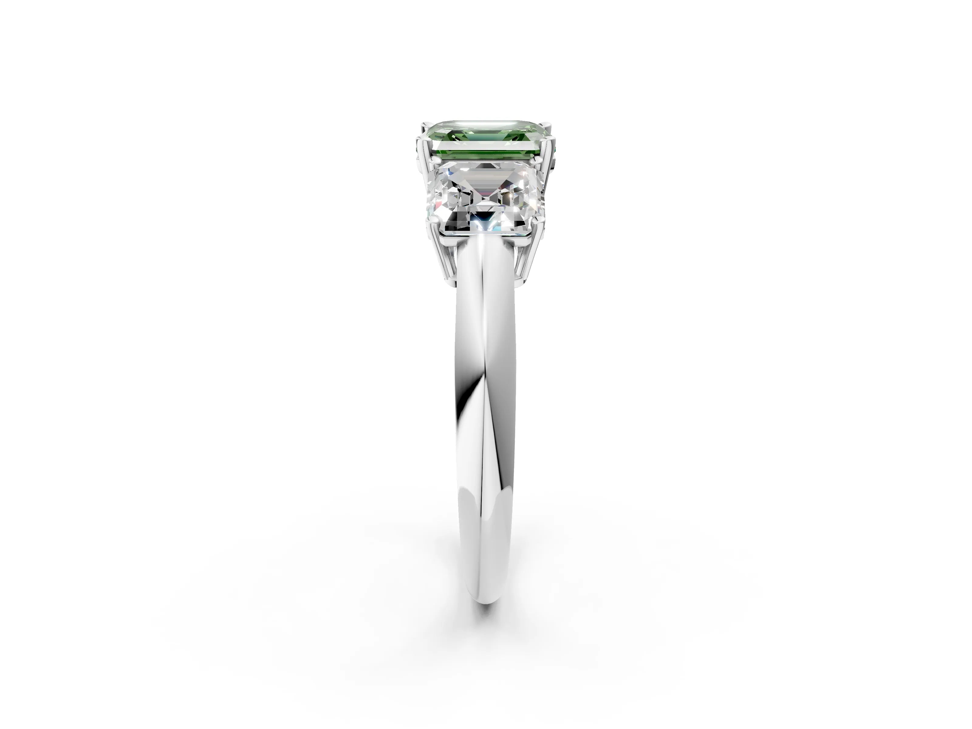Platinum Three-Stone Fancy Green Asscher Cut Cut Diamond Engagement Ring with Prong Setting on a White Gold Band_50