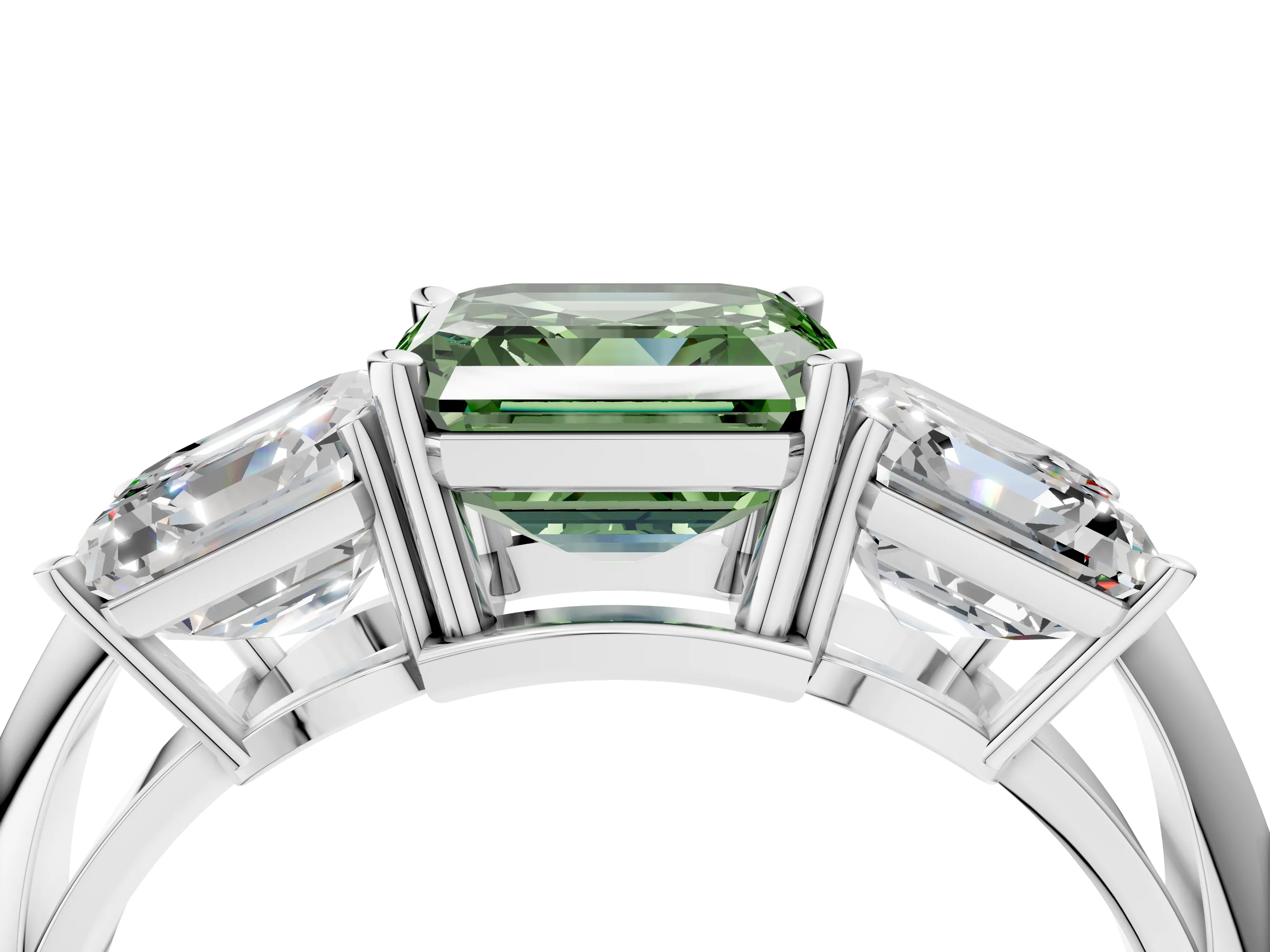 Platinum Three-Stone Fancy Green Asscher Cut Cut Diamond Engagement Ring with Prong Setting on a White Gold Band_52