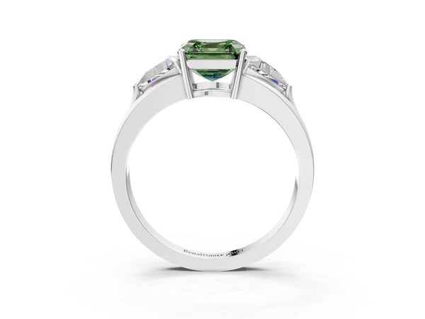 Platinum Asscher Cut Split Shank Three Stone Engagement Ring Setting for Fancy Green Center