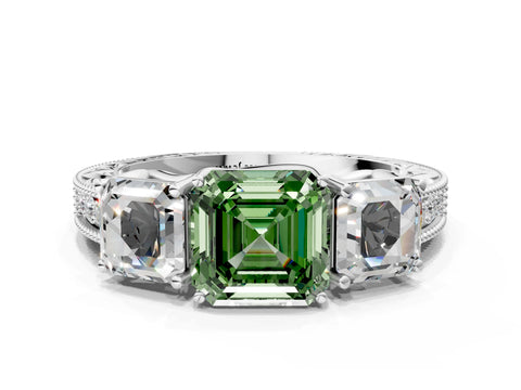 Platinum Three-Stone Fancy Green Asscher Cut Cut Milgrain Pavé Engagement Ring_24