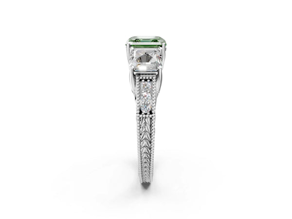 Platinum Asscher Cut Engraved Three Stone Engagement Ring Setting for Fancy Green Center
