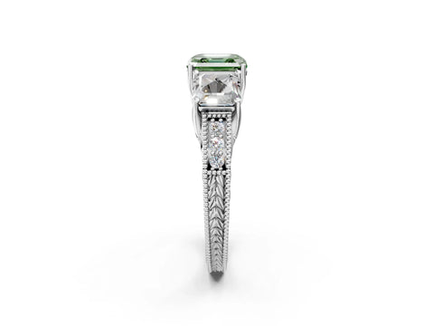Platinum Three-Stone Fancy Green Asscher Cut Cut Milgrain Pavé Engagement Ring_26