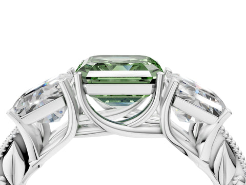 Platinum Three-Stone Fancy Green Asscher Cut Cut Milgrain Pavé Engagement Ring_28