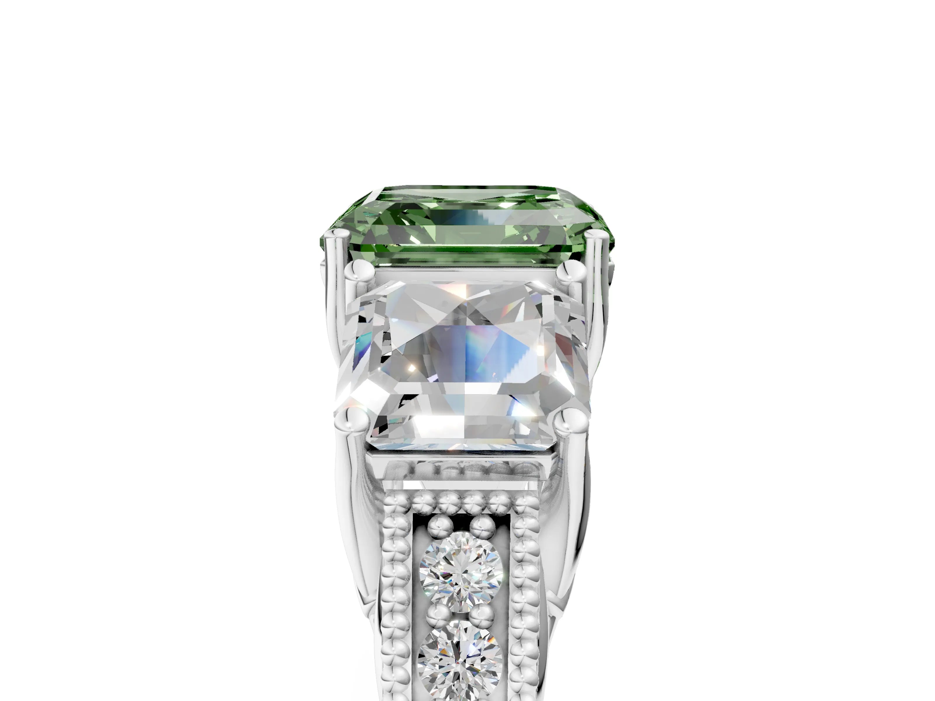 Platinum Three-Stone Fancy Green Asscher Cut Cut Milgrain Pavé Engagement Ring_29