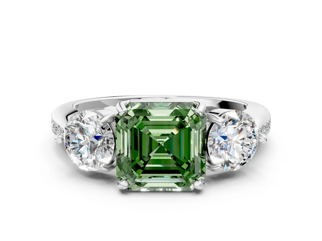 Platinum Three-Stone Fancy Green Asscher Cut Diamond Channel Set Engagement Ring with Prong Setting_24