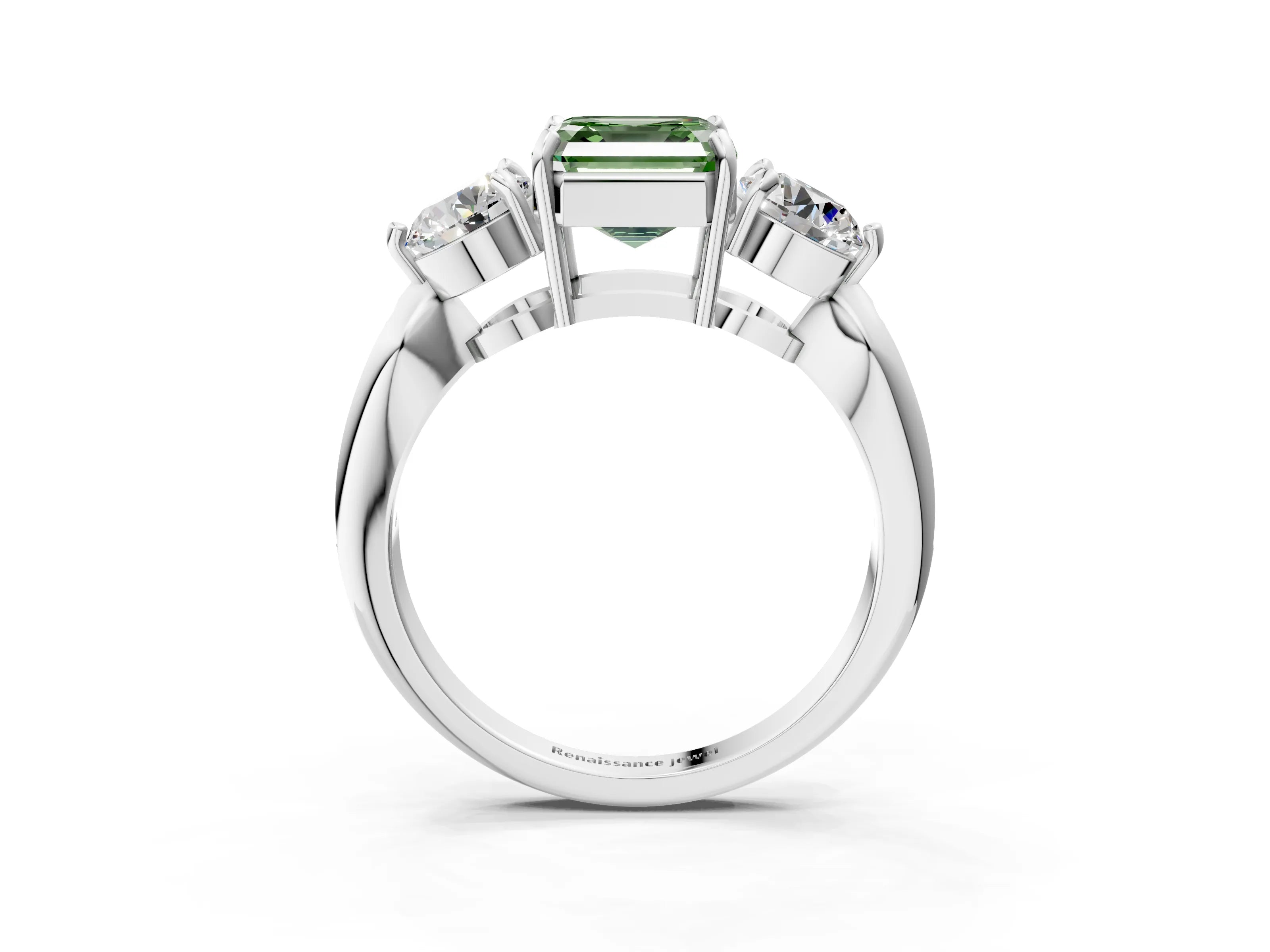 Platinum Three-Stone Fancy Green Asscher Cut Diamond Channel Set Engagement Ring with Prong Setting_27