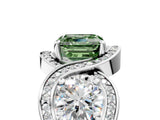 Platinum Three-Stone Fancy Green Asscher Cut Diamond Wave Pave Band with Prong Setting_11