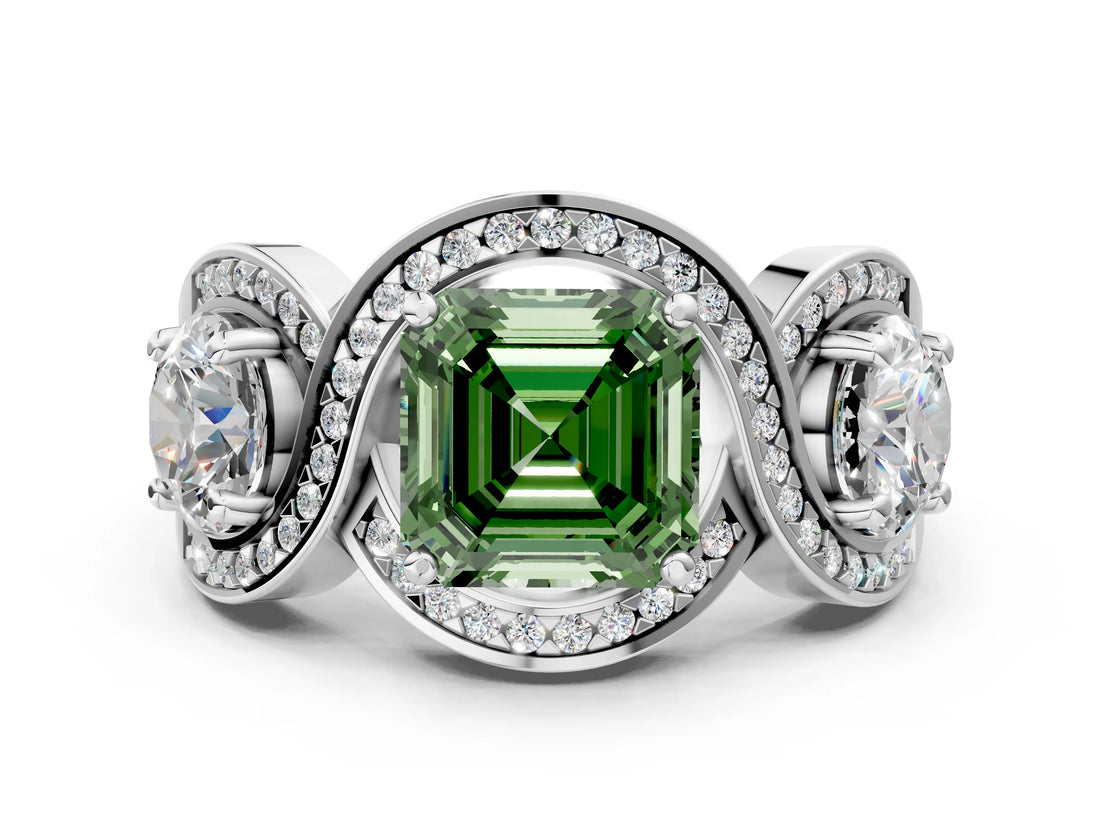 Platinum Three-Stone Fancy Green Asscher Cut Diamond Wave Pave Band with Prong Setting_6