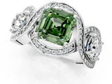 Platinum Three-Stone Fancy Green Asscher Cut Diamond Wave Pave Band with Prong Setting_7