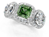 Platinum Three-Stone Fancy Green Asscher Cut Halo Diamond Milgrain Band with Four-Prong Setting_13