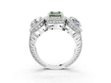 Platinum Three-Stone Fancy Green Asscher Cut Halo Diamond Milgrain Band with Four-Prong Setting_15