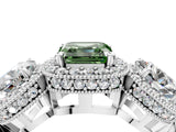 Platinum Three-Stone Fancy Green Asscher Cut Halo Diamond Milgrain Band with Four-Prong Setting_16